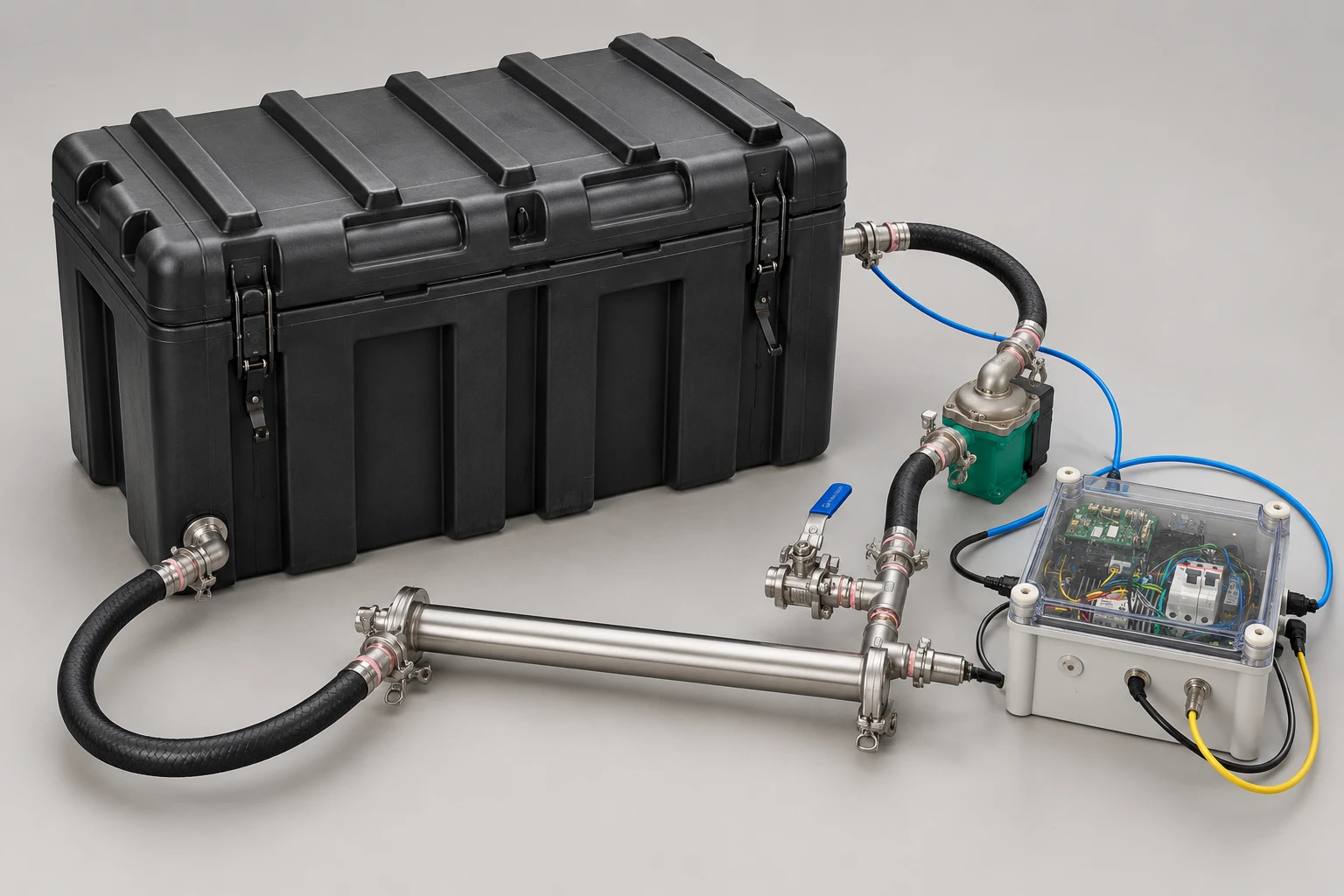 Matching Unit illustration showing the rugged case, external water heater, circulation pump and electronics enclosure